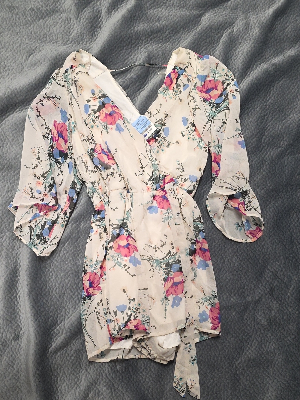 bailey blue Cream Floral Wrap Romper with Pink & Blue Blooms